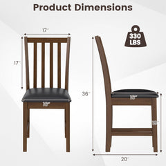 Set of 2 Slat Back Dining Chairs with PVC Leather Seat, Brown Rubber Wood