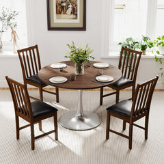 Set of 2 Slat Back Dining Chairs with PVC Leather Seat, Brown Rubber Wood