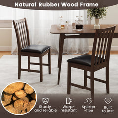 Set of 2 Slat Back Dining Chairs with PVC Leather Seat, Brown Rubber Wood