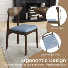 Set of 2 Dining Chairs with Crescent Wood Back and Blue Linen Seat, Greyed Wood