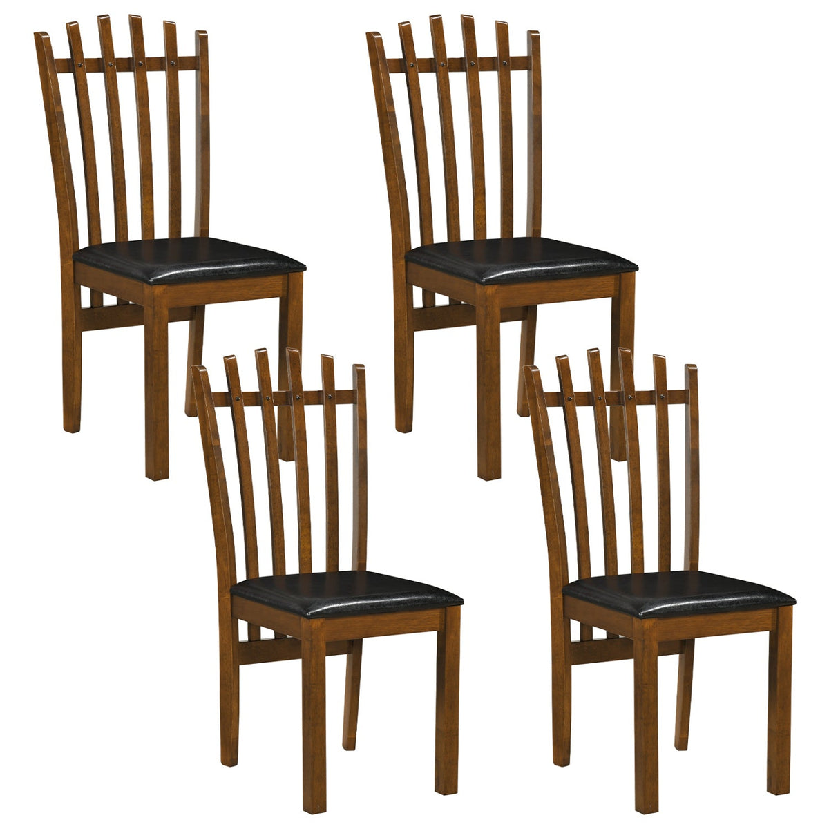 Set of 4 Tall Slat Back Dining Chairs with PU Leather Seat, Walnut Rubber Wood