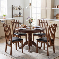 Set of 4 Tall Slat Back Dining Chairs with PU Leather Seat, Walnut Rubber Wood