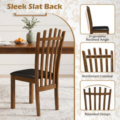 Set of 4 Tall Slat Back Dining Chairs with PU Leather Seat, Walnut Rubber Wood