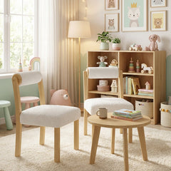 Set of 2 Dining Chairs with Cylinder Sherpa Back and 5.5 Inch Thick Seat, Natural Wood