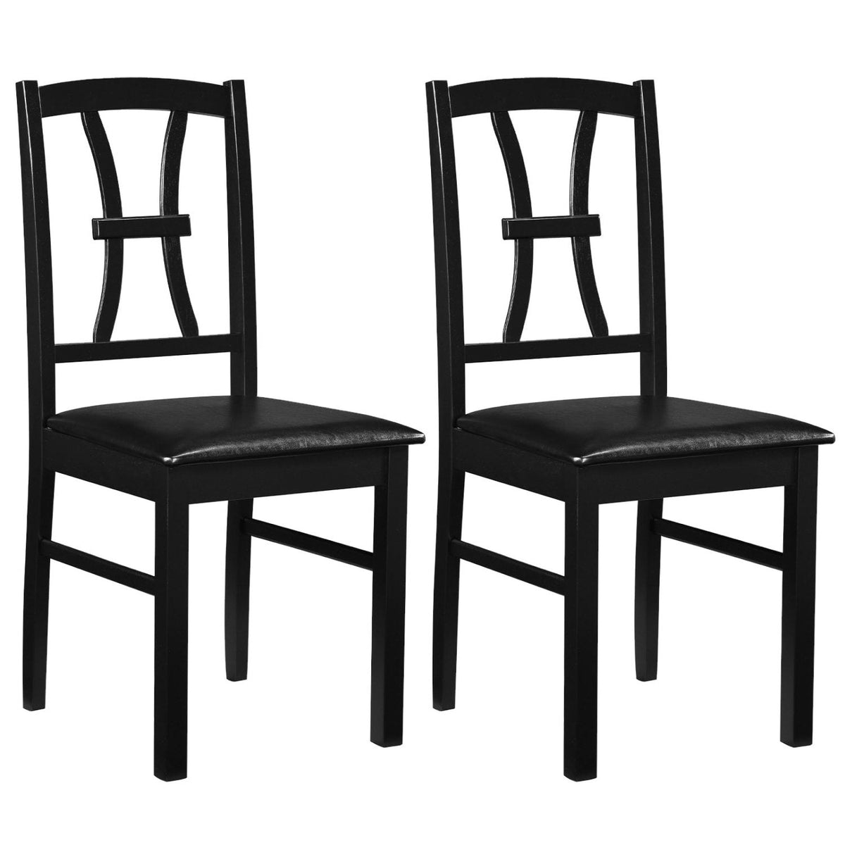 Set of 2 Dining Chairs with Patterned Back and Faux Leather Seat, Black