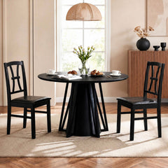 Set of 2 Dining Chairs with Patterned Back and Faux Leather Seat, Black