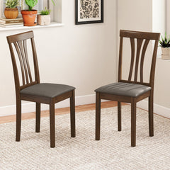 Set of 2 Split Splat Back Dining Chairs with Grey Linen Seat, Walnut Rubber Wood