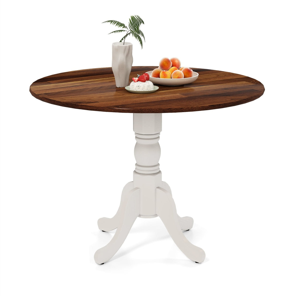 Wooden Dining Table with Round Tabletop and Curved Trestle Legs-Walnut & White