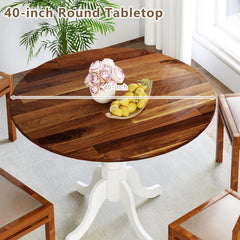Wooden Dining Table with Round Tabletop and Curved Trestle Legs-Walnut & White