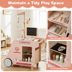 Wooden Doctor Playset for Kids Pretend Play Doctor Kit with Cart Gift for Toddlers Boys Girls Aged 3+-Pink
