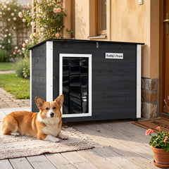 Wooden Dog House Outdoor with Natural Spruce Wood Frame, Removable Floor and Openable Asphalt Roof-S