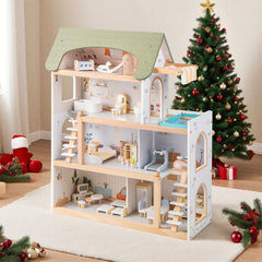 Wooden Dollhouse Kids DIY Pretend Playhouse with 33 PCS Furniture Accessories-Green