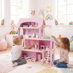 Wooden Dollhouse Kids DIY Pretend Playhouse with 33 PCS Furniture Accessories-Pink