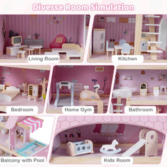 Wooden Dollhouse Kids DIY Pretend Playhouse with 33 PCS Furniture Accessories-Pink