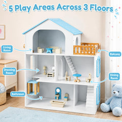 Wooden Dollhouse with 5 Rooms and Furniture Accessories for Kids-Blue
