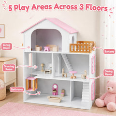 Wooden Dollhouse with 5 Rooms and Furniture Accessories for Kids-Pink