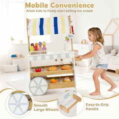 Wooden Ice Cream Cart for Kids 2-in-1 Grocery Store Playset with Display Shelves-White
