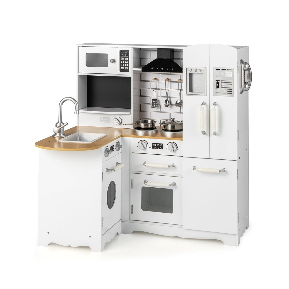 White Corner Play Kitchen for Kids with Side Fridge, Washing Machine and Steel Cookware