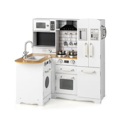 White Corner Play Kitchen for Kids with Side Fridge, Washing Machine and Steel Cookware