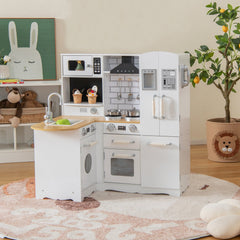 White Corner Play Kitchen for Kids with Side Fridge, Washing Machine and Steel Cookware