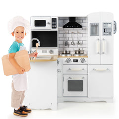 White Corner Play Kitchen for Kids with Side Fridge, Washing Machine and Steel Cookware