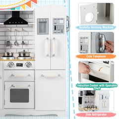 White Corner Play Kitchen for Kids with Side Fridge, Washing Machine and Steel Cookware