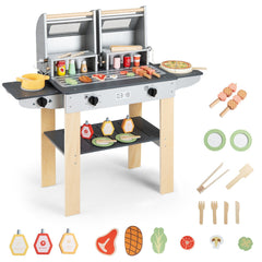 Wooden Kids Barbecue Grill Playset Kids Toy Grill with Abundant Grilling Tools and Play Foods