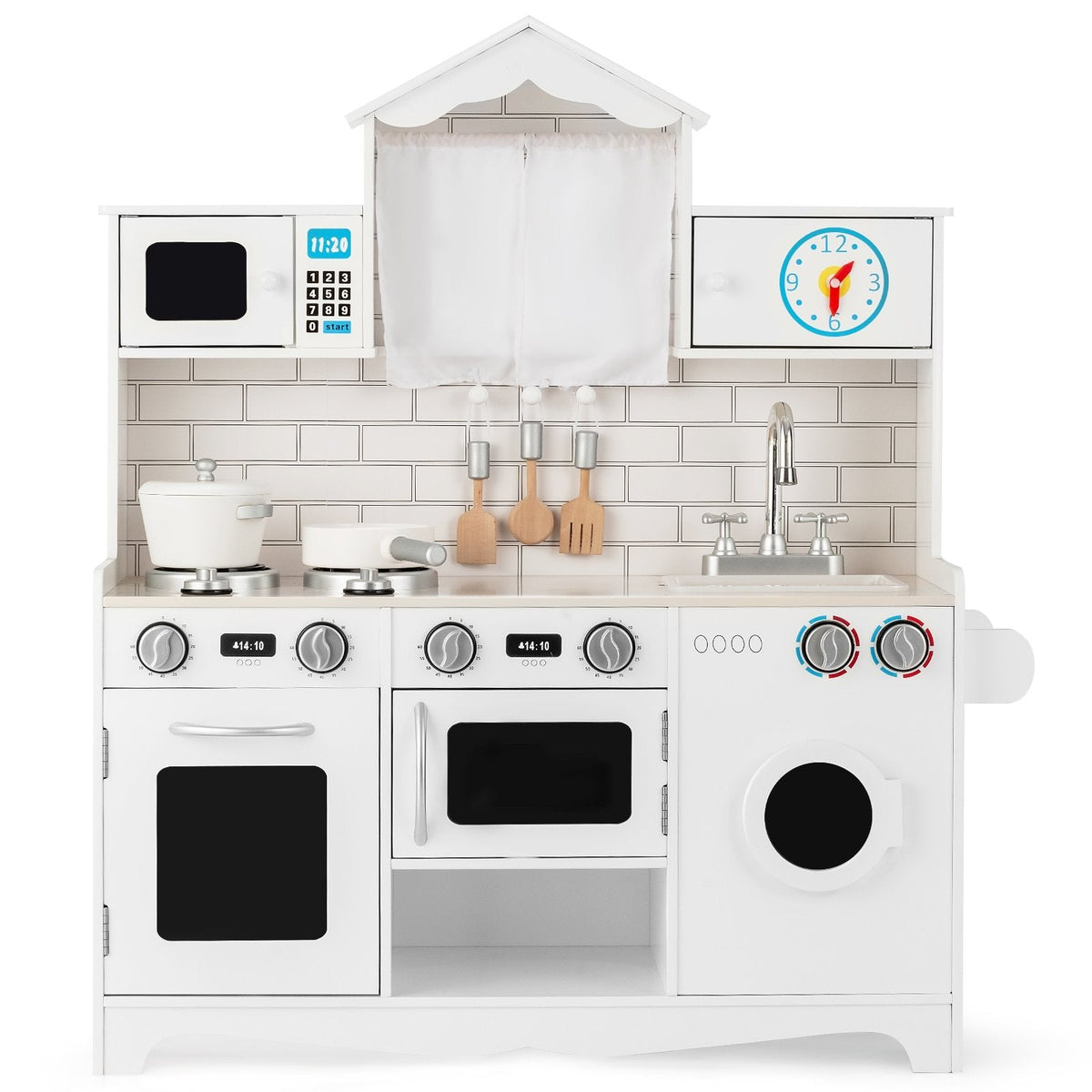 White Wooden Play Kitchen with Washing Machine, Clock Cabinet and Cookware