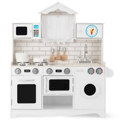 White Wooden Play Kitchen with Washing Machine, Clock Cabinet and Cookware