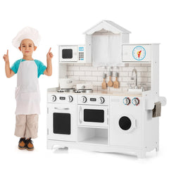 White Wooden Play Kitchen with Washing Machine, Clock Cabinet and Cookware