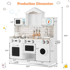 White Wooden Play Kitchen with Washing Machine, Clock Cabinet and Cookware