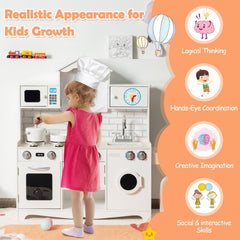 White Wooden Play Kitchen with Washing Machine, Clock Cabinet and Cookware