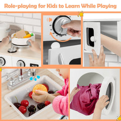 White Wooden Play Kitchen with Washing Machine, Clock Cabinet and Cookware