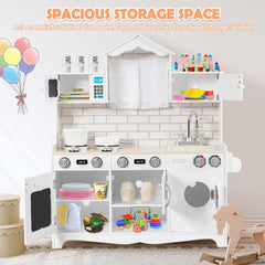 White Wooden Play Kitchen with Washing Machine, Clock Cabinet and Cookware