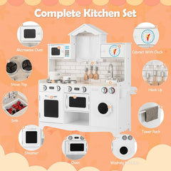 White Wooden Play Kitchen with Washing Machine, Clock Cabinet and Cookware