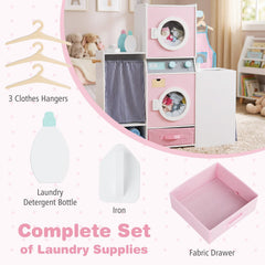 Wooden Kids Laundry Playset with Laundry Detergent Bottle and Clothes Hangers-Pink