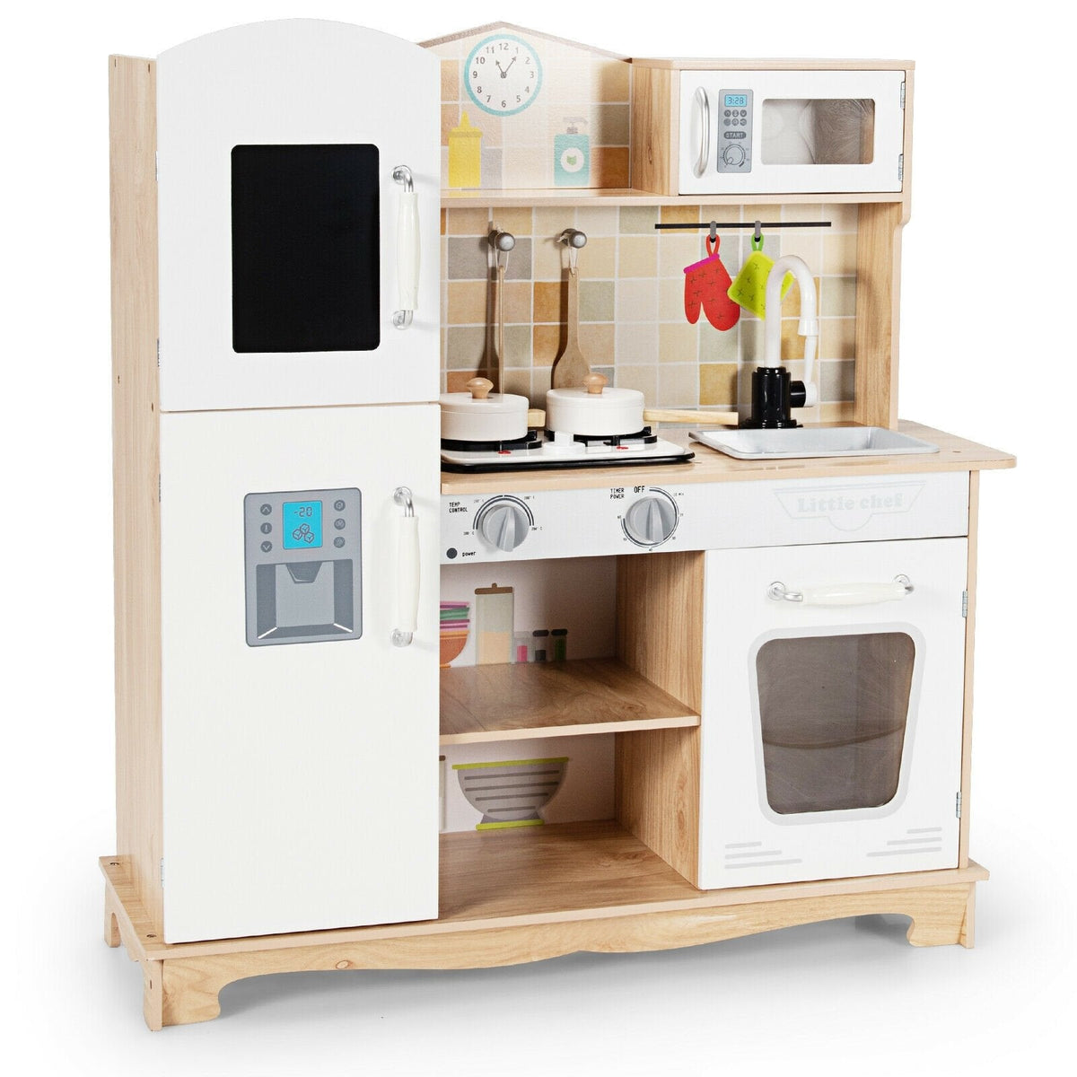 Natural Wood Play Kitchen for Kids with Light Up Stove, Blackboard Fridge and Cookware