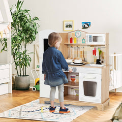 Natural Wood Play Kitchen for Kids with Light Up Stove, Blackboard Fridge and Cookware