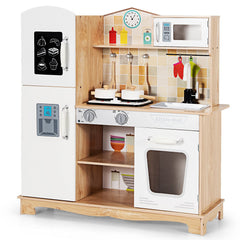 Natural Wood Play Kitchen for Kids with Light Up Stove, Blackboard Fridge and Cookware