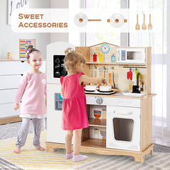Natural Wood Play Kitchen for Kids with Light Up Stove, Blackboard Fridge and Cookware