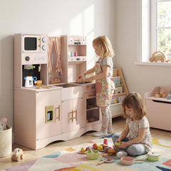Wooden Kids Pretend Play Toy Kitchen with Microwave and Coffee Maker for Boys & Girls Ages 3+-Pink