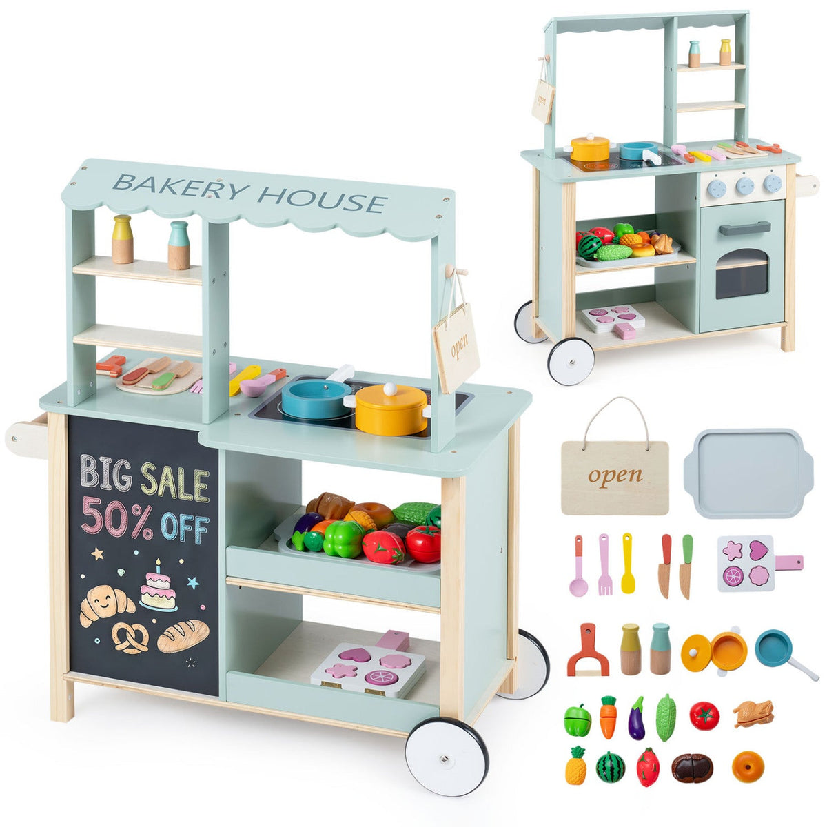 Wooden Kitchen Playset with Cookware Accessories for Kids
