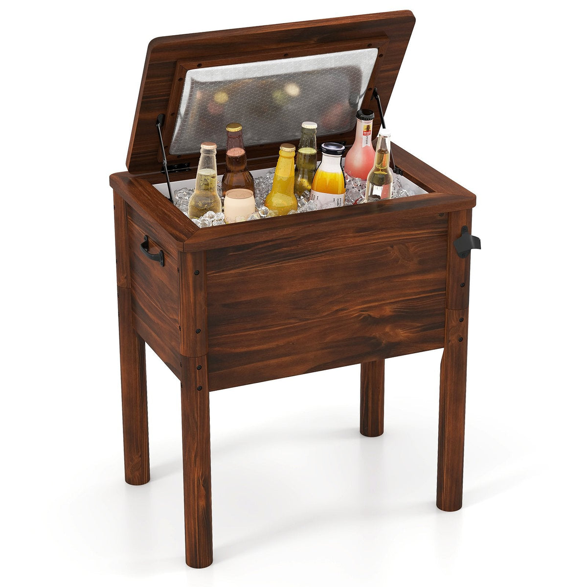 Wooden Patio Cooler with 3 Handles and Bottle Opener-Brown