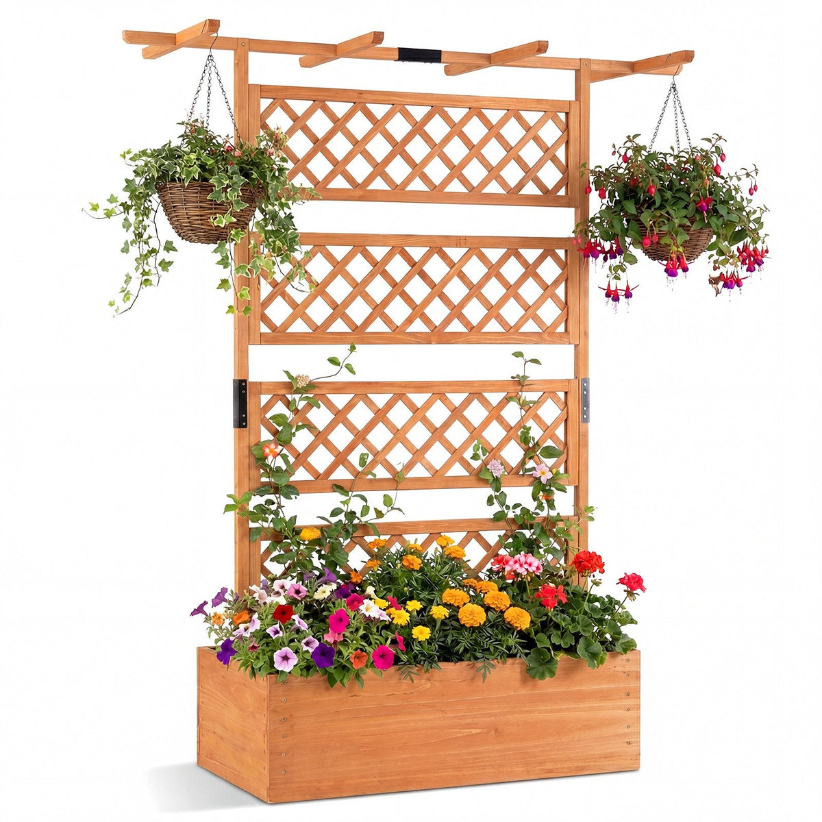 Wooden Planter Box with Lattice Trellis Raised Garden Bed Privacy Screen with Flat Roof-Orange