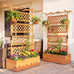 Wooden Planter Box with Lattice Trellis Raised Garden Bed Privacy Screen with Flat Roof-Orange