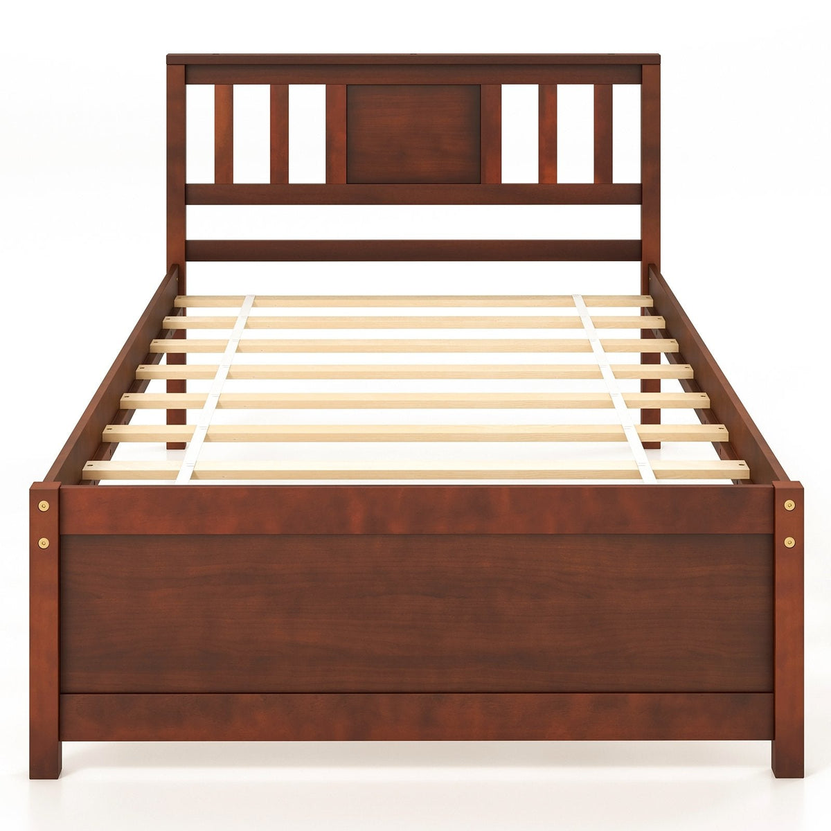 Twin Wood Platform Bed with Slatted Headboard and 12 Inch Clearance, Walnut