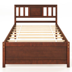 Twin Wood Platform Bed with Slatted Headboard and 12 Inch Clearance, Walnut