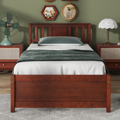 Twin Wood Platform Bed with Slatted Headboard and 12 Inch Clearance, Walnut