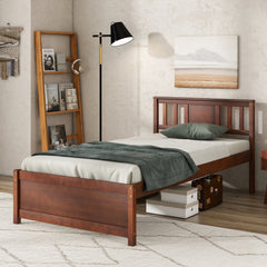 Twin Wood Platform Bed with Slatted Headboard and 12 Inch Clearance, Walnut