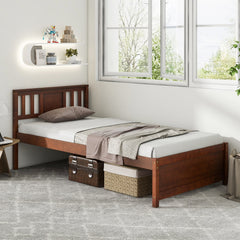 Twin Wood Platform Bed with Slatted Headboard and 12 Inch Clearance, Walnut